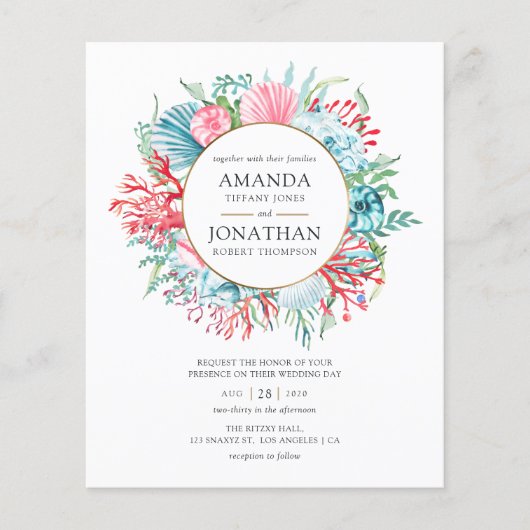 ティール(緑がかった色)アンドコーラルサマービーチ結婚式招待状 チラシ (正面)