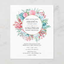 ティール（緑がかった色）アンドコーラルサマービーチ結婚式招待状