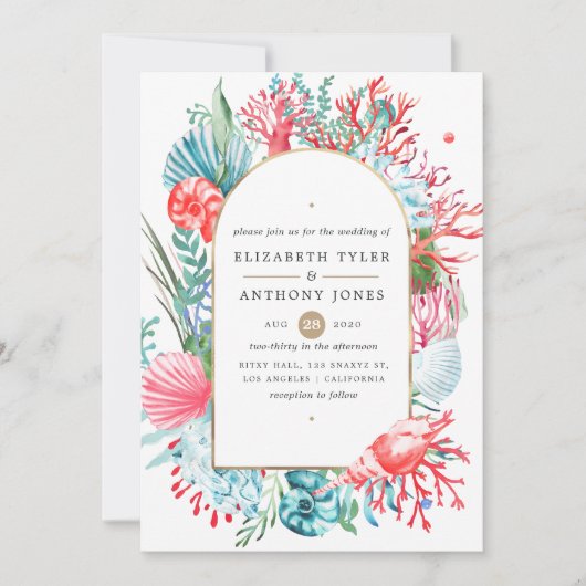ティール（緑がかった色）アンドコーラルシーライフ結婚式招待状 招待状 (正面)