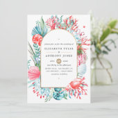 ティール（緑がかった色）アンドコーラルシーライフ結婚式招待状 招待状 (スタンド正面)