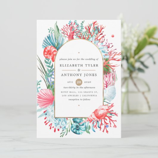 ティール（緑がかった色）アンドコーラルシーライフ結婚式招待状 招待状 (スタンド正面)