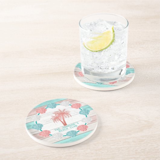 ティール(緑がかった色)アンドコーラルビーチウッドシーシェル コースター (側面)