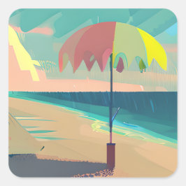 ティール（緑がかった色）アンドピーチビーチ抽象芸術AIアート スクエアシール