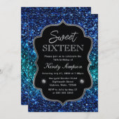 ティール（緑がかった色）アンドブルー海グラマーグリッタースウィート16 招待状 (正面/裏面)