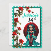 ティール（緑がかった色）アンドレッドローゼスシュガースカル招待状 招待状 (裏面)