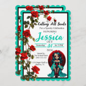 ティール（緑がかった色）アンドレッドローゼスシュガースカル招待状 招待状 (正面/裏面)