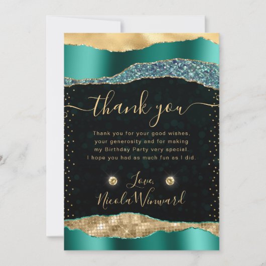ティール(緑がかった色)アンド金ゴールドグラムティアーズ《写真》ぼけ味誕生日 サンキューカード (正面)