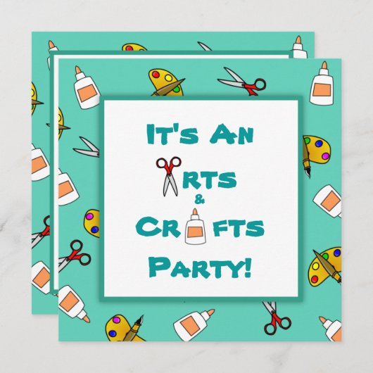 ティール(緑がかった色)アーツ&クラフツ児童誕生会 招待状 (正面/裏面)