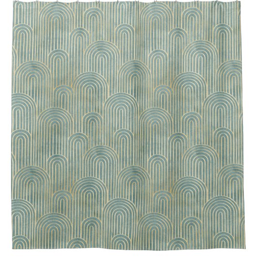 ティール(緑がかった色),アートデコ,ファンパターン,ティール(緑がかった色),金ゴールド,デコ,メ シャワーカーテン (正面)