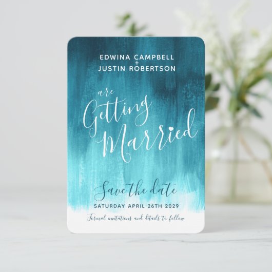 ティール(緑がかった色)アートモダンの色合いは日付カードを保存 セーブザデート (スタンド正面)