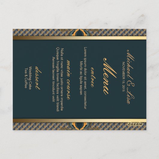 ティール(緑がかった色)アート結婚オルタナティブのメニューとテーブル番号 ポストカード (裏面)