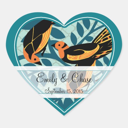 ティール(緑がかった色)アールデコ愛の鳥が木に座っ結婚て ハートシール (正面)