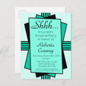 ティール（緑がかった色）アールデコ60thサプライズパーティー誕生日 インビテーションポストカード (正面/裏面)
