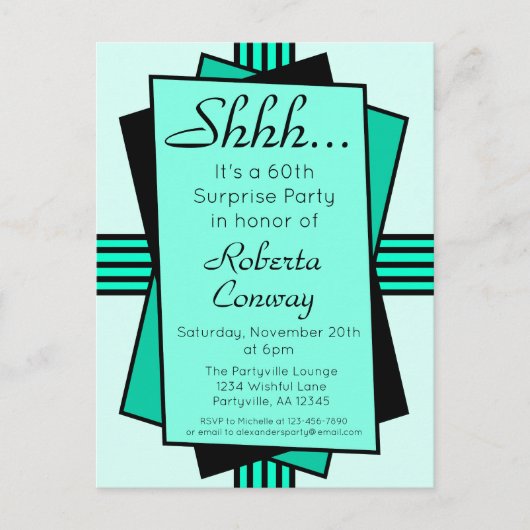 ティール（緑がかった色）アールデコ60thサプライズパーティー誕生日 インビテーションポストカード (正面)