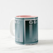 ティール(緑がかった色)アールヌーボー,チャールズ・マッキントッシュ,バラデザインr ツートーンマグカップ (正面左)