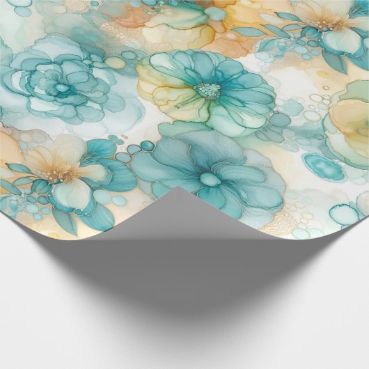 ティール(緑がかった色)イエローアルコールインクイラストレーションプリント ラッピングペーパー (角)