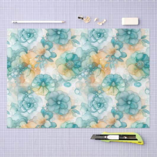 ティール（緑がかった色）イエローアルコールインクイラストレーションプリント 薄葉紙 (クラフト)