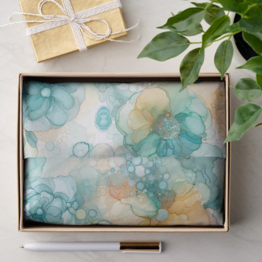 ティール（緑がかった色）イエローアルコールインクイラストレーションプリント 薄葉紙 (ギフト)