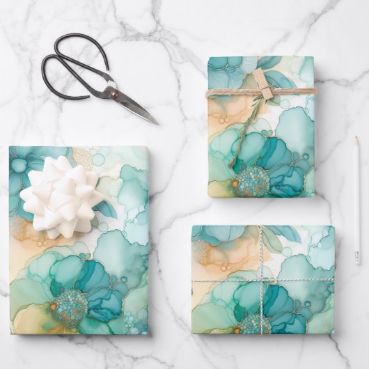 ティール(緑がかった色)イエローアルコールインクイラストレーション大プリント ラッピングペーパーシート (正面)