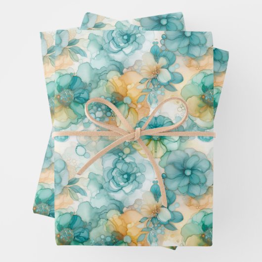 ティール(緑がかった色)イエローアルコールインクイラストレーション媒体プリント ラッピングペーパーシート (インサイチュ)