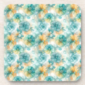 ティール(緑がかった色)イエローアルコールインクイラストレーション コースター (正面)