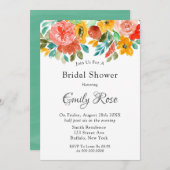 ティール(緑がかった色)イエローオレンジ牡丹ブライダルシャワー招待 招待状 (正面/裏面)