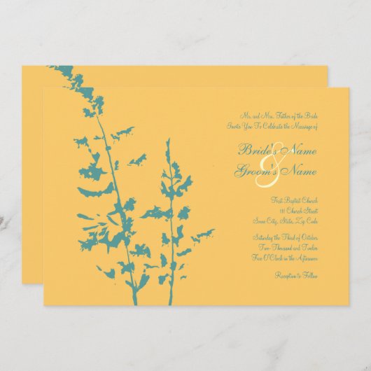 ティール（緑がかった色）&イエローカントリーフローラ結婚式招待状 招待状 (正面/裏面)