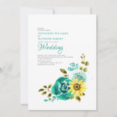 ティール（緑がかった色）イエローサンフラワー結婚フローラ 招待状 (正面)