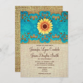 ティール(緑がかった色)イエローデイジー素朴結婚式招待状 招待状 (正面/裏面)