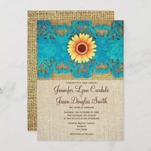 ティール(緑がかった色)イエローデイジー素朴結婚式招待状 招待状 (正面/裏面)