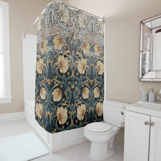 ティール(緑がかった色)イエローパンペネルウィリアムモリスフローラ シャワーカーテン (インサイチュ)