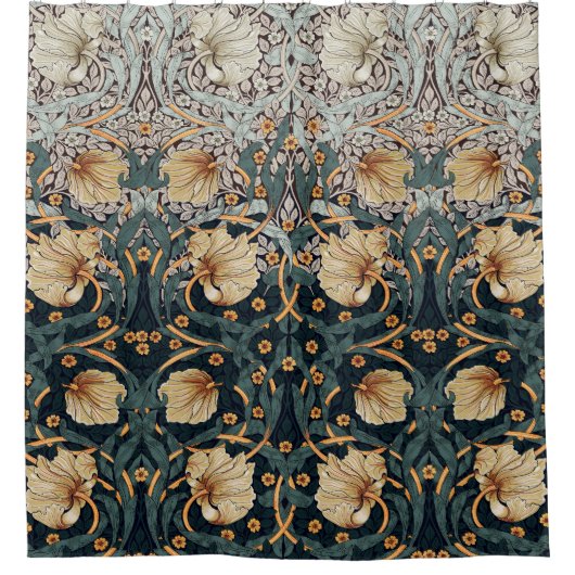 ティール(緑がかった色)イエローパンペネルウィリアムモリスフローラ シャワーカーテン (正面)