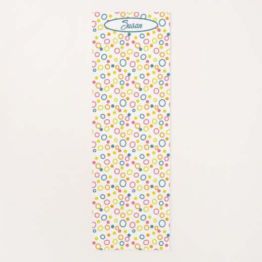 ティール（緑がかった色）イエローピンクオレンジ丸のドット ヨガマット (正面)