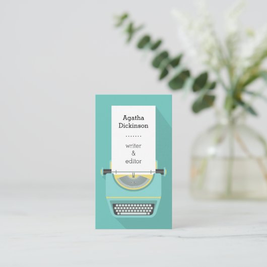 ティール（緑がかった色）イエローレトロタイプライタープロフェッショナルライター 名刺 (スタンド正面)