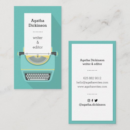 ティール(緑がかった色)イエローレトロタイプライタープロフェッショナルライター 名刺 (正面/裏面)