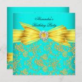ティール（緑がかった色）イエローローズダマスク誕生日パーティー 招待状 (正面/裏面)