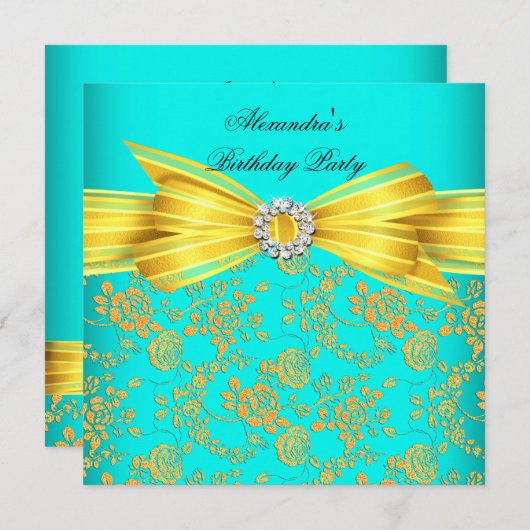 ティール（緑がかった色）イエローローズダマスク誕生日パーティー 招待状 (正面/裏面)