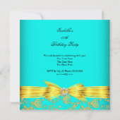 ティール（緑がかった色）イエローローズダマスク誕生日パーティー 招待状 (裏面)