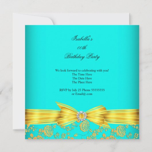 ティール（緑がかった色）イエローローズダマスク誕生日パーティー 招待状 (裏面)
