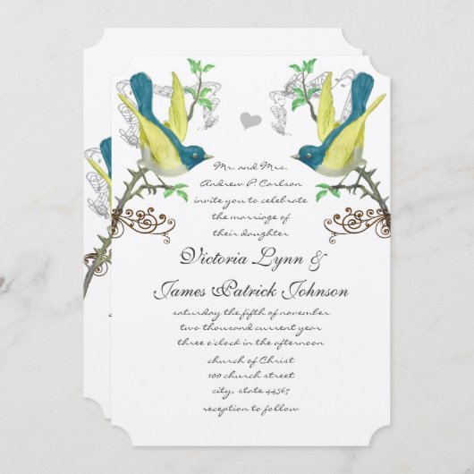 ティール（緑がかった色）&イエローヴィンテージバーズボホアーバ結婚ーズ 招待状 (正面/裏面)
