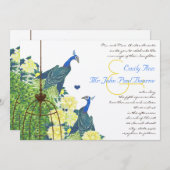 ティール（緑がかった色）&イエローヴィンテージピーコックバードケージ結婚ズ 招待状 (正面/裏面)