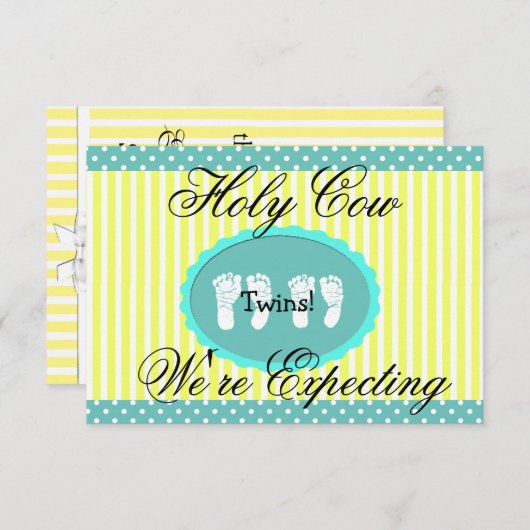 ティール(緑がかった色)&イエロー「双子を期待している」発表 案内状 (正面/裏面)