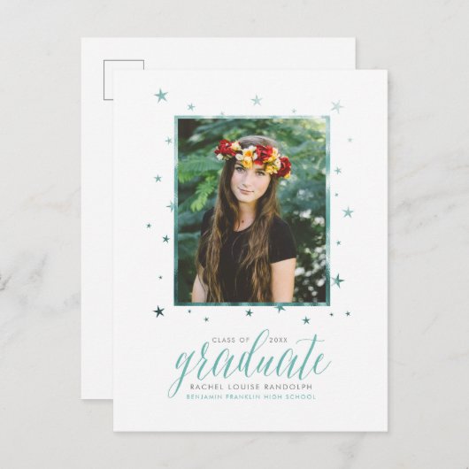 ティール（緑がかった色）インザスターズフォト卒業はがき インビテーションポストカード (正面/裏面)