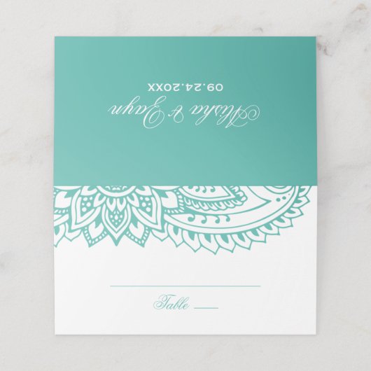 ティール（緑がかった色）インディアン結婚ペイズリー プレイスカード (外部開封)