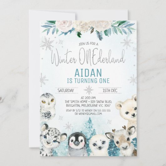 ティール（緑がかった色）ウィンターアニマルズウィンターオンダーランド誕生日 招待状 (正面)