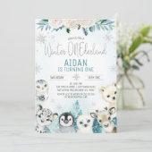 ティール（緑がかった色）ウィンターアニマルズウィンターオンダーランド誕生日 招待状 (スタンド正面)