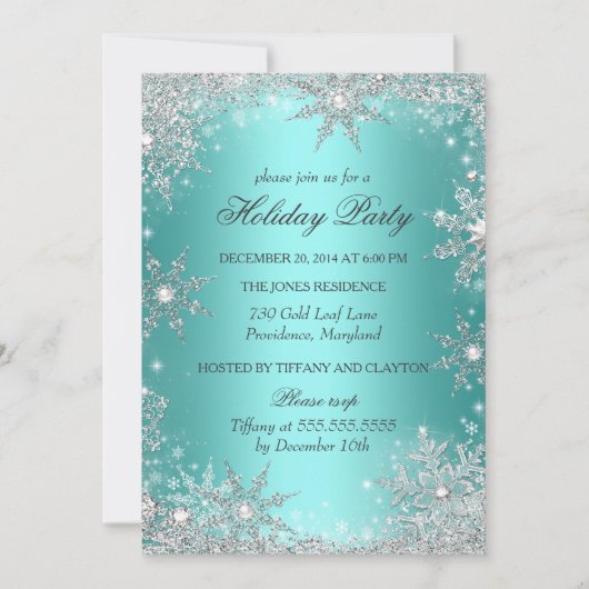 ティール（緑がかった色）ウィンターワンダーランドクリスマスホリデーパーティー2 招待状 (正面)