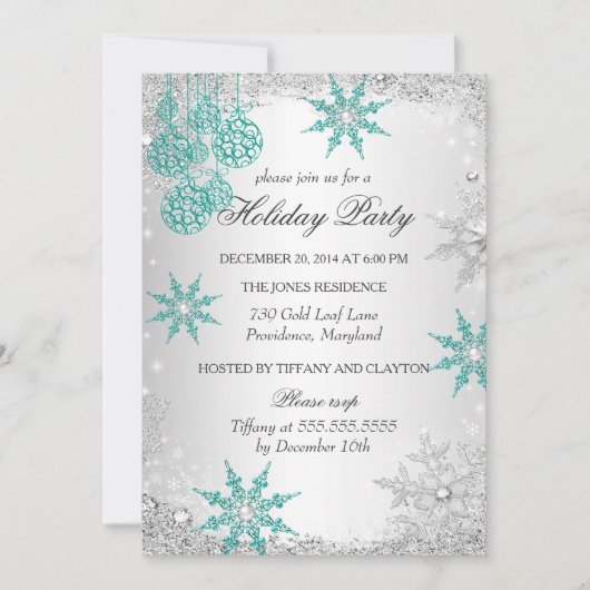 ティール(緑がかった色)ウィンターワンダーランドクリスマスホリデーパーティー4 招待状 (正面)