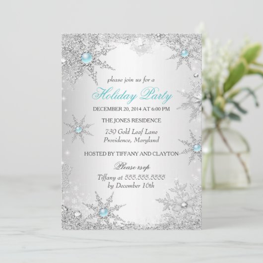 ティール(緑がかった色)ウィンターワンダーランドクリスマスホリデーパーティー4a 招待状 (スタンド正面)