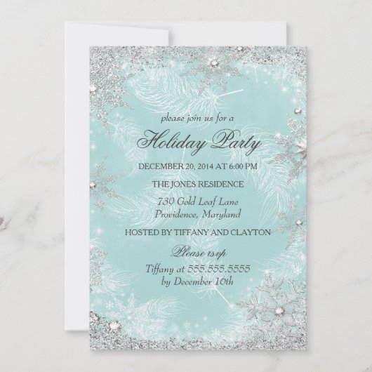 ティール（緑がかった色）ウィンターワンダーランドクリスマスホリデーパーティー 招待状 (正面)